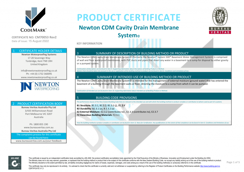 Newton CM Certificate CM70053R2 CDM Cavity Drain Membrane System